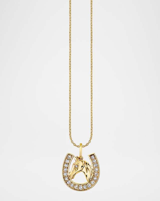 14K Yellow Gold Diamond Horseshoe Charm on Tiffany Chain Necklace
